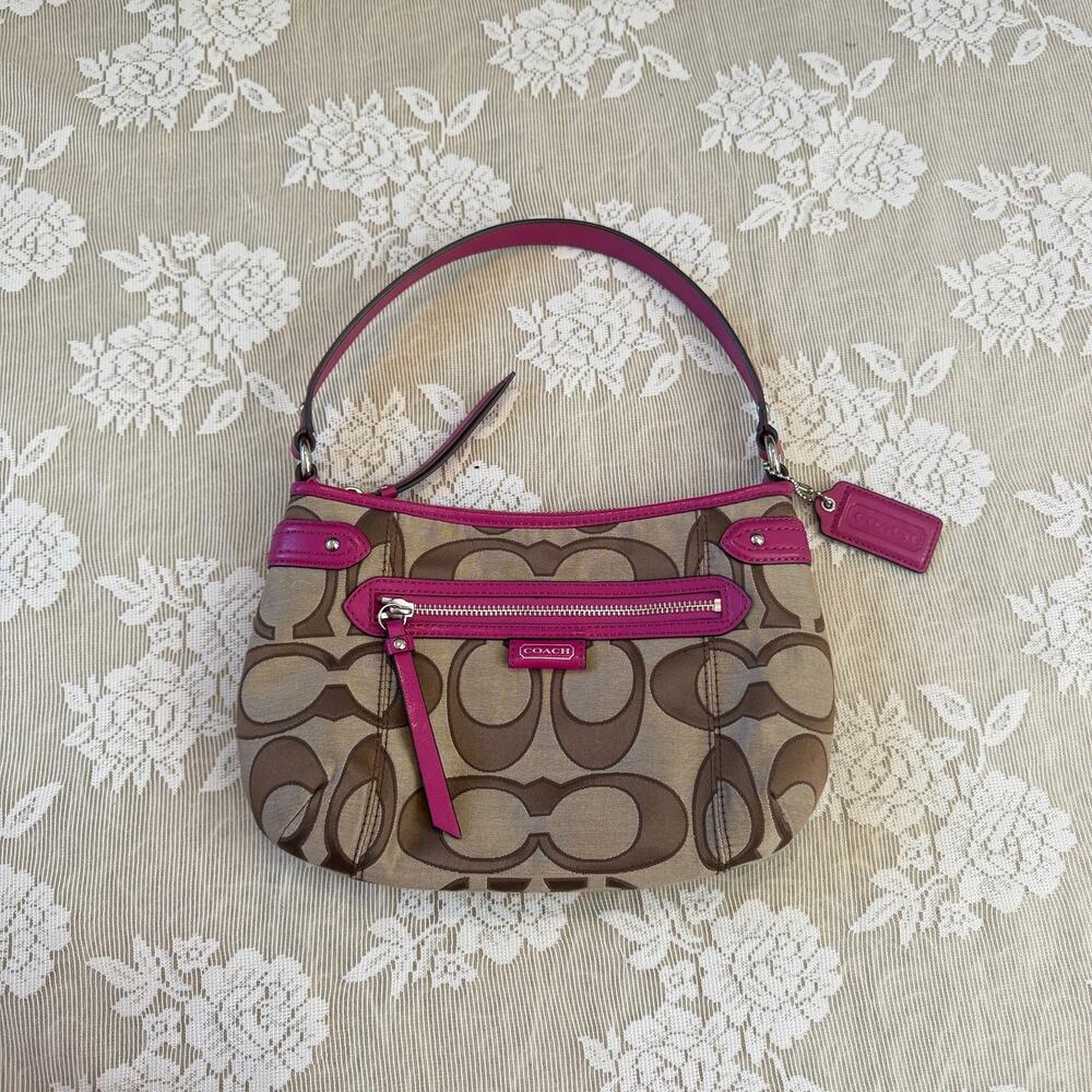Coach Signature Shoulder Bag Pink Leather Trim
